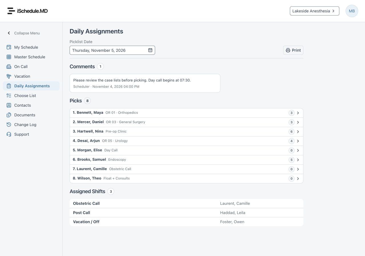 The same fictional Daily Assignments in the desktop interface, with staff navigation, the picklist and assigned shifts.
