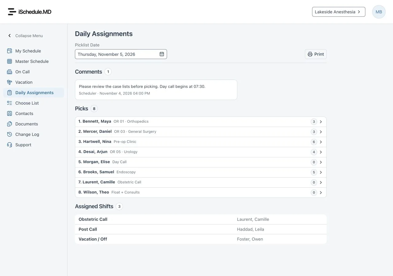 Daily Assignments on desktop with fictional people and work