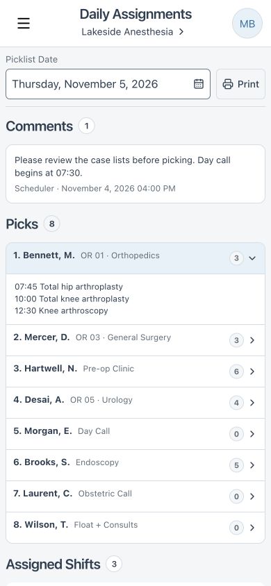 Daily Assignments on a phone, with Maya Bennett's fictional orthopedic case list expanded to show three procedures and their start times.