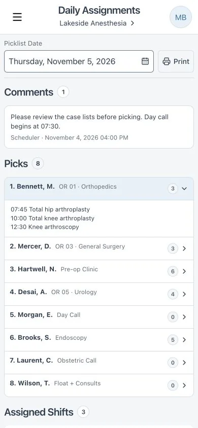 Room and case preparation details with fictional data